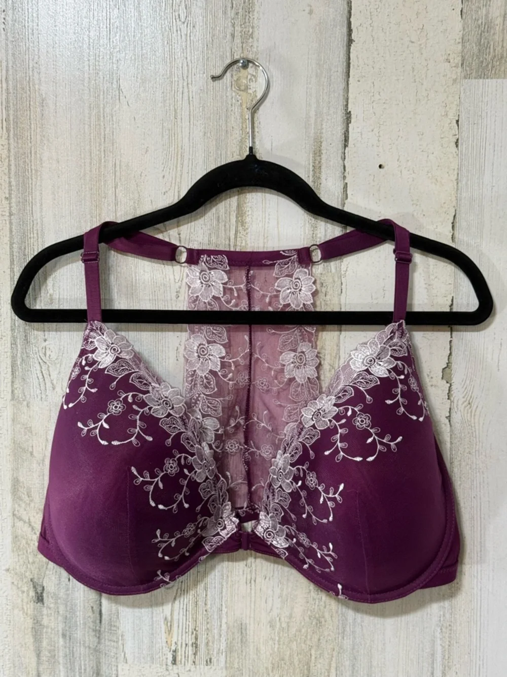 Rene Rofe Plum Lace Racerback Underwire Bra with White Embroidery - Picture 2 of 9